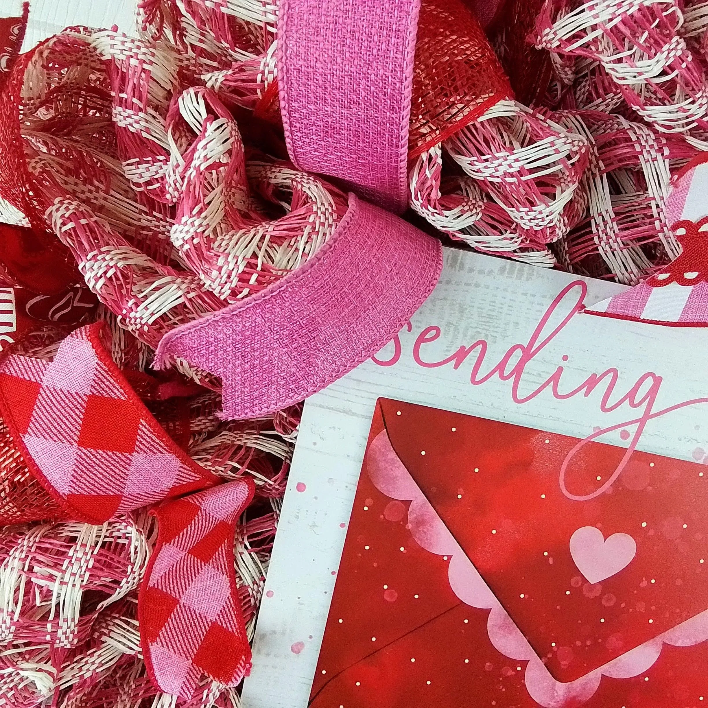 Valentine Sending Love Wreath - Valentine's Day Decor - Envelope Mesh Door Wreath - Pink White Silver Red