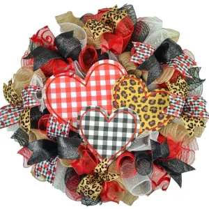 Valentine's Day Mesh Door Wreath - Red White Black Buffalo Plaid - Animal Print Door Decor