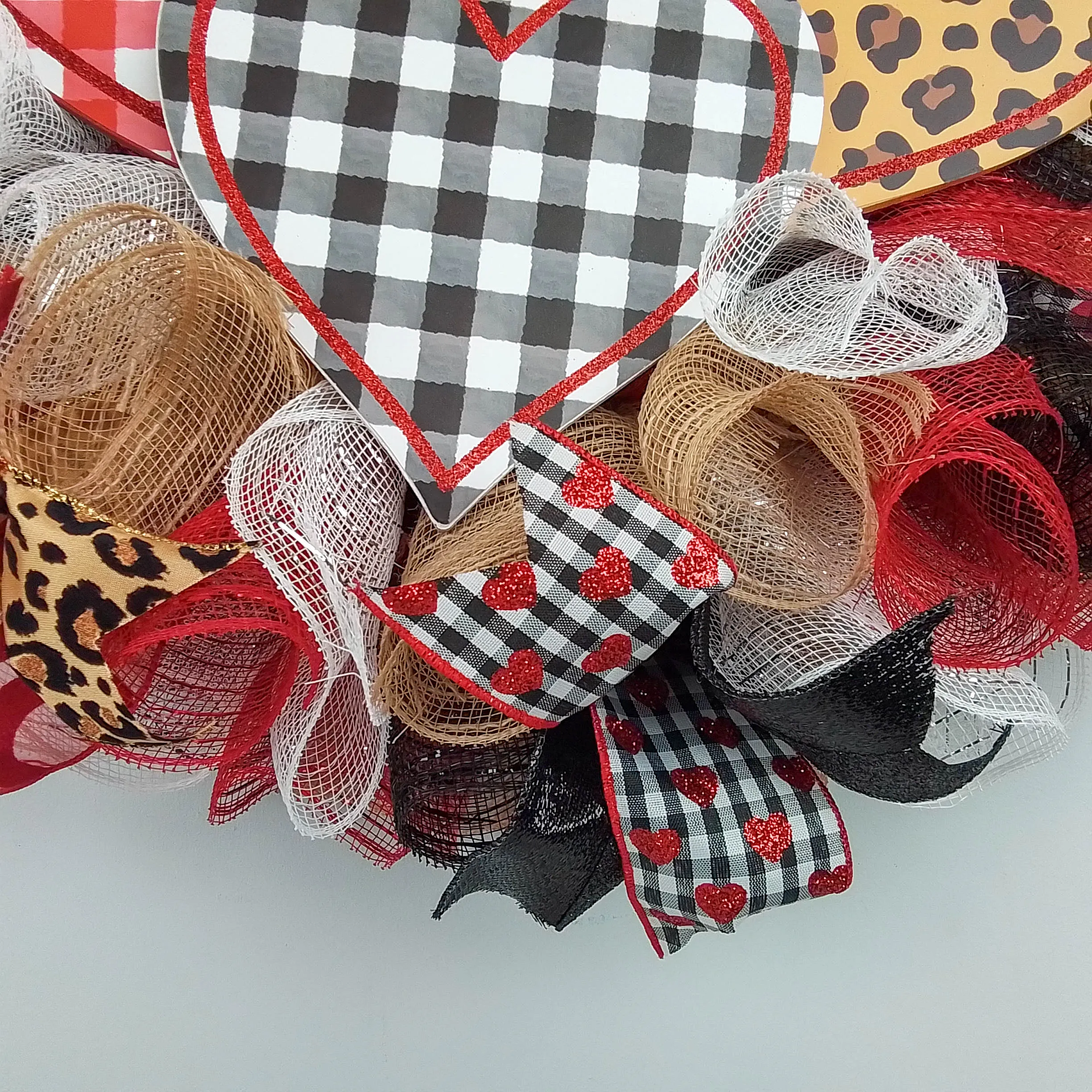 Valentine's Day Mesh Door Wreath - Red White Black Buffalo Plaid - Animal Print Door Decor