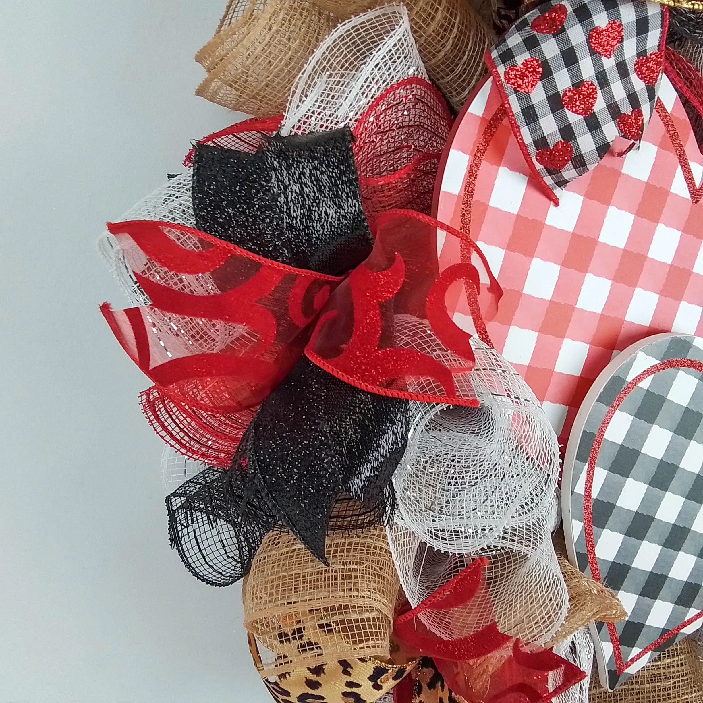 Valentine's Day Mesh Door Wreath - Red White Black Buffalo Plaid - Animal Print Door Decor