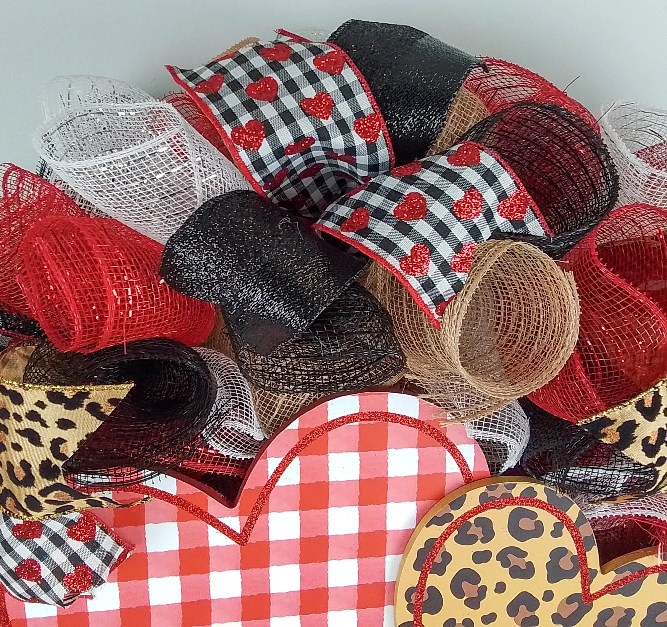 Valentine's Day Mesh Door Wreath - Red White Black Buffalo Plaid - Animal Print Door Decor