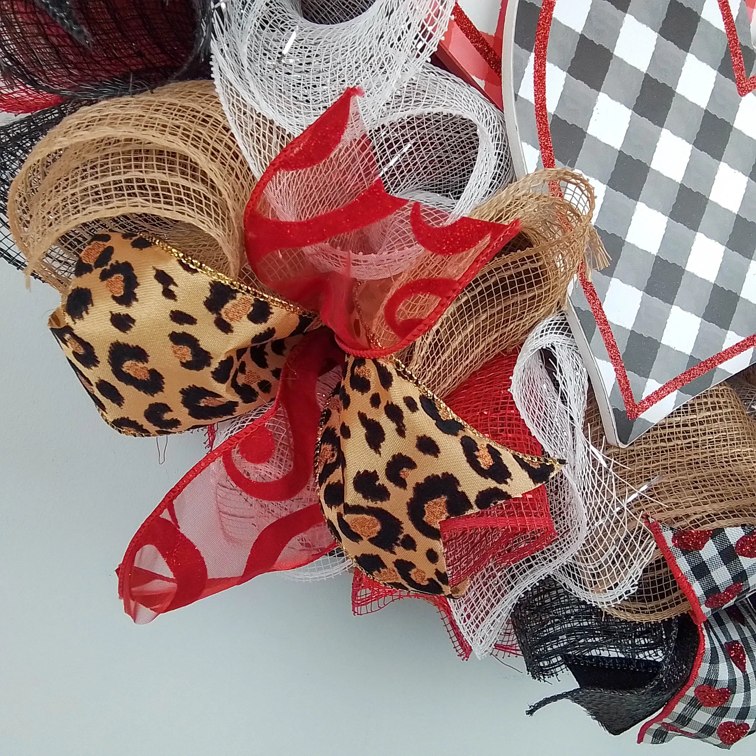 Valentine's Day Mesh Door Wreath - Red White Black Buffalo Plaid - Animal Print Door Decor