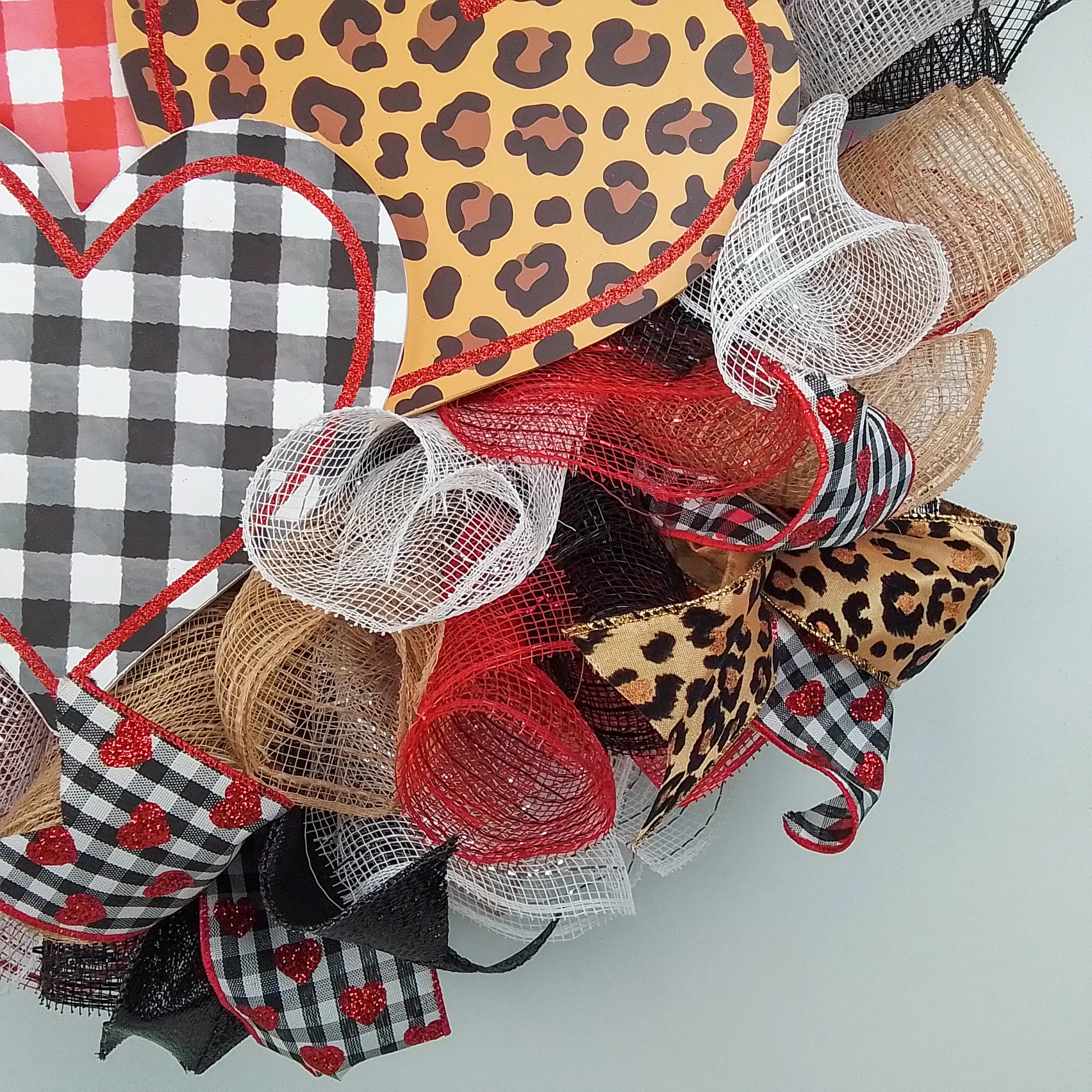 Valentine's Day Mesh Door Wreath - Red White Black Buffalo Plaid - Animal Print Door Decor