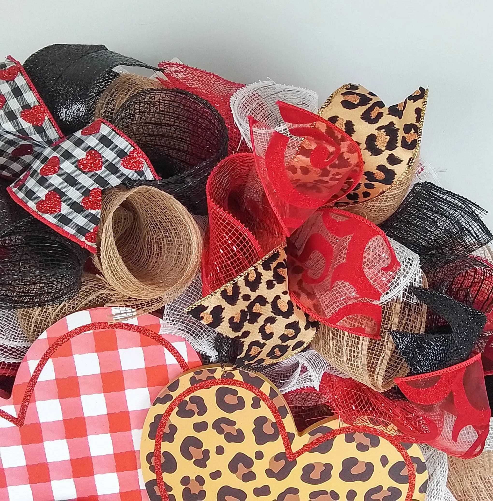 Valentine's Day Mesh Door Wreath - Red White Black Buffalo Plaid - Animal Print Door Decor